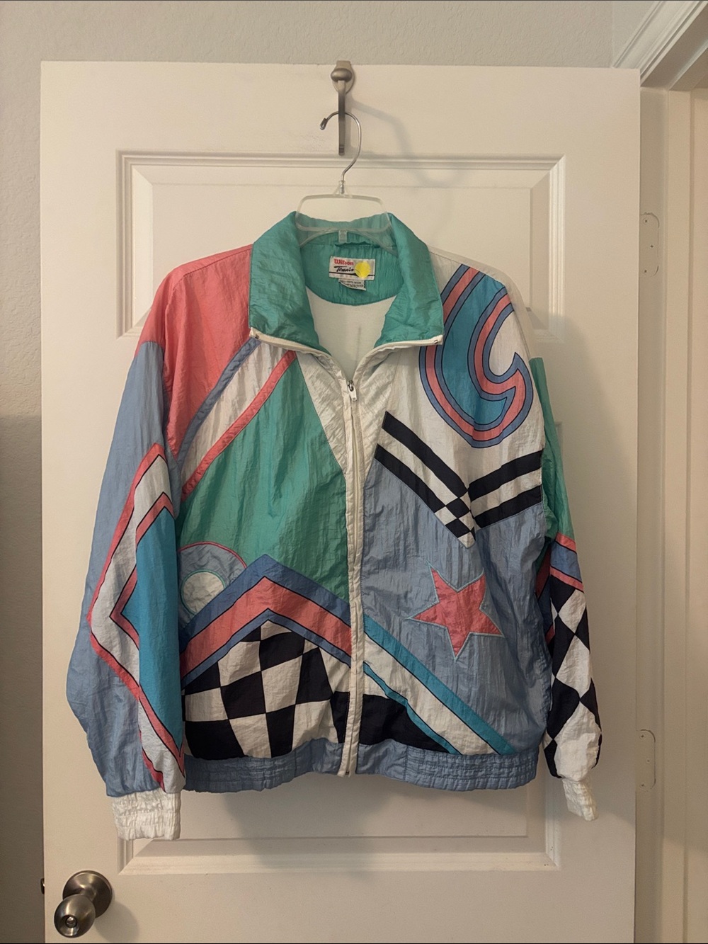 VTG Wilson Tennis Teal Windbreaker SZ L Multi color pastel 80s design checkered